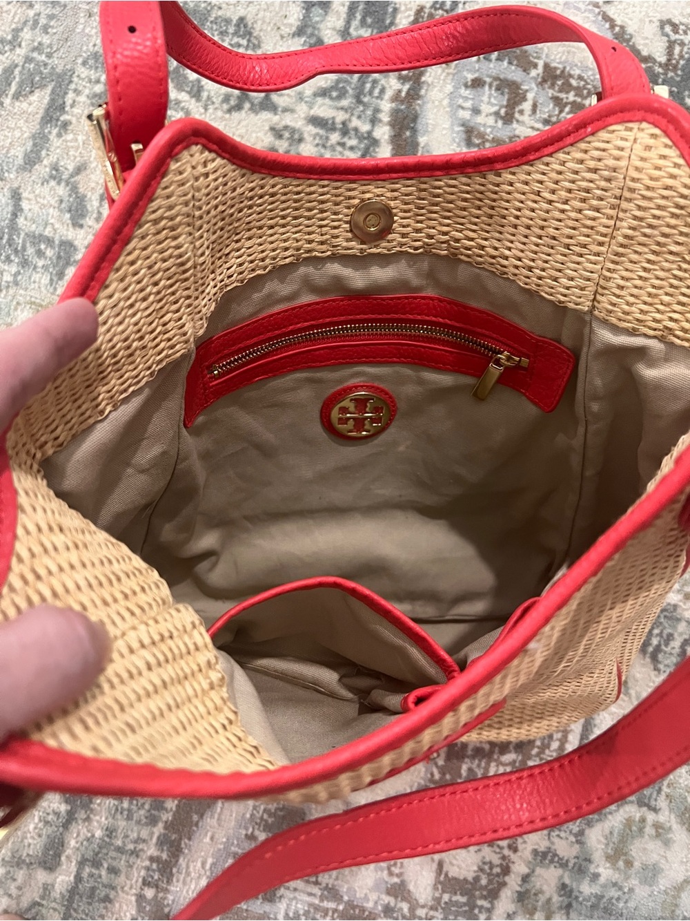 Tory Burch Raffia Straw Tote with Poppy Red Leather Trim - Picture 8 of 11